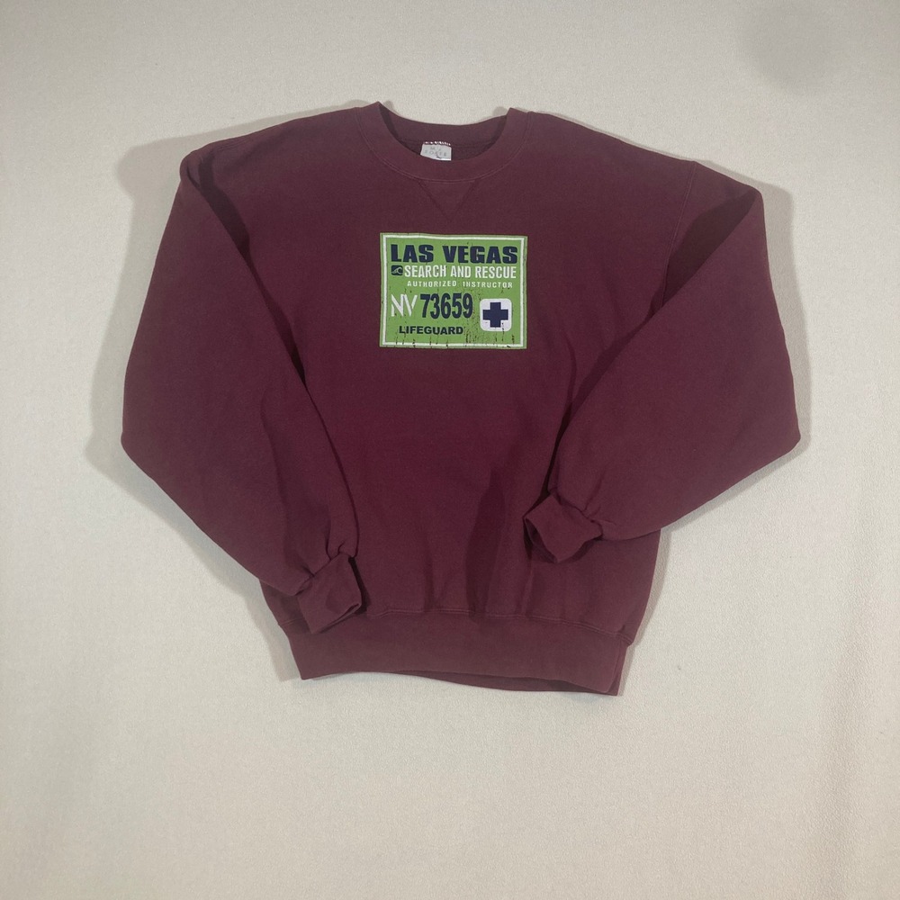 Vintage Y2K M.J. Soffe Crewneck Sz Large Burgundy Heavy Las Vegas‎ Lifeguard